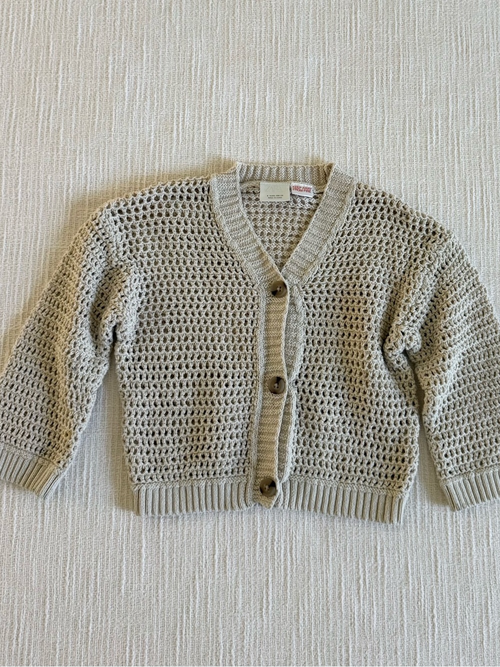 Zara Open-Knit Button Cardigan in Beige